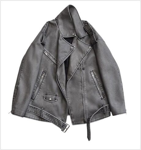 utcoco Women's Oversized Faux Leather Moto Jacket Cropped Zip Up Biker Jacket with Belt and Pockets in Saudi Arabia