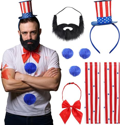 Mepase 7 Pcs Halloween Scary Captain Clown Costume Accessories Set Include Stars and Stripes Headband Arm Sleeves Fake Beard Bow Tie Blue Plush Ball Pin for Halloween Cosplay Party Supplies in Saudi Arabia