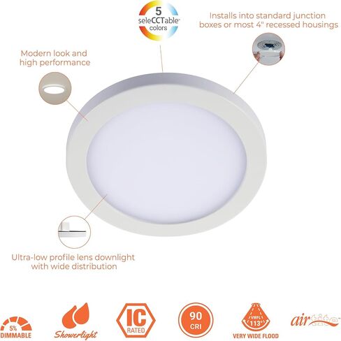 HALO SMD6R69SWH Surface Mount LED Recessed Light Round Selectable 2700K, 3000K, 3500K, 4000K, 5000K CCT 600 Lumens 6 Inch White in Kuwait