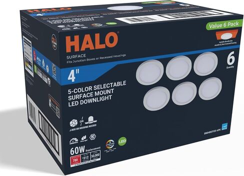 HALO SMD6R69SWH Surface Mount LED Recessed Light Round Selectable 2700K, 3000K, 3500K, 4000K, 5000K CCT 600 Lumens 6 Inch White in Kuwait