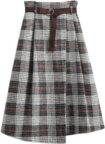 chouyatou Women's Vintage Plaid Wool Blend Midi Skirt Houndstooth A Line Wool Long Skirt with Belt in Saudi Arabia