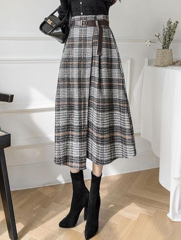 chouyatou Women's Vintage Plaid Wool Blend Midi Skirt Houndstooth A Line Wool Long Skirt with Belt in Saudi Arabia