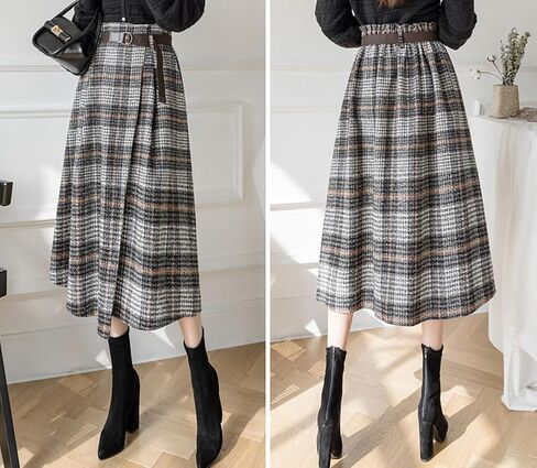 chouyatou Women's Vintage Plaid Wool Blend Midi Skirt Houndstooth A Line Wool Long Skirt with Belt in Saudi Arabia
