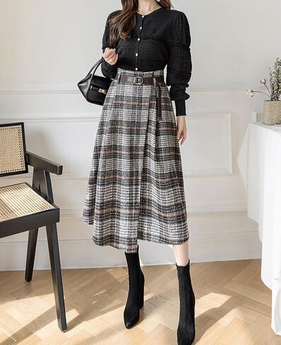 chouyatou Women's Vintage Plaid Wool Blend Midi Skirt Houndstooth A Line Wool Long Skirt with Belt in Saudi Arabia