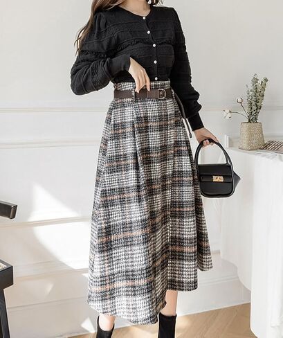 chouyatou Women's Vintage Plaid Wool Blend Midi Skirt Houndstooth A Line Wool Long Skirt with Belt in Saudi Arabia