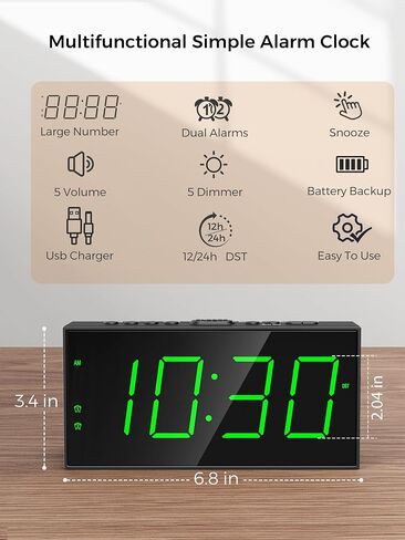 PPLEE Digital Alarm Clock for Bedroom, 2 Alarms Large Big Numbers Display with Dimmer for Living Room, Electric Bedside Desk Clock with Power Adapter, USB Charger, Adjustable Volume, Green LED Display in Kuwait
