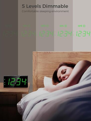 PPLEE Digital Alarm Clock for Bedroom, 2 Alarms Large Big Numbers Display with Dimmer for Living Room, Electric Bedside Desk Clock with Power Adapter, USB Charger, Adjustable Volume, Green LED Display in Kuwait