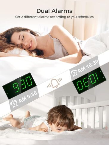 PPLEE Digital Alarm Clock for Bedroom, 2 Alarms Large Big Numbers Display with Dimmer for Living Room, Electric Bedside Desk Clock with Power Adapter, USB Charger, Adjustable Volume, Green LED Display in Kuwait