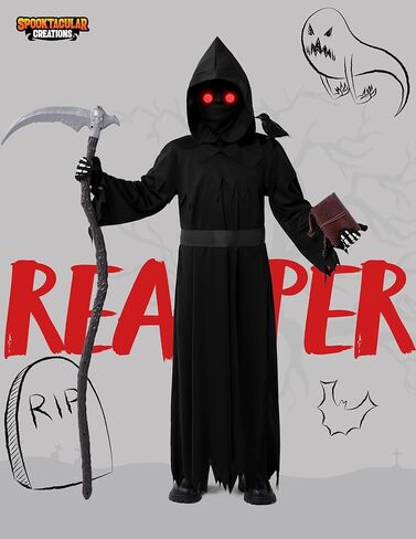 زي Spooktacular Creations Halloween Grim Reaper للأطفال، زي عيون متوهجة Grim Reaper للأولاد in Saudi Arabia
