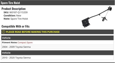 Spare Tire Wheel Hoist Winch - Compatible with 2004-2020 Toyota Sienna in Saudi Arabia