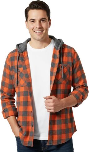 Mens Hooded Flannel Shirt Lightweight Long Sleeve Casual Plaid Button Down in Saudi Arabia