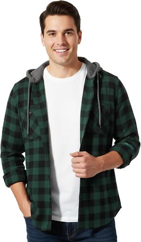 Mens Hooded Flannel Shirt Lightweight Long Sleeve Casual Plaid Button Down in Saudi Arabia