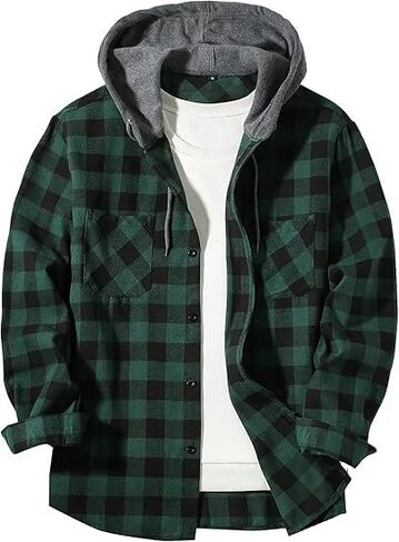 Mens Hooded Flannel Shirt Lightweight Long Sleeve Casual Plaid Button Down in Saudi Arabia