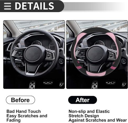 Motoforti Universal Car Steering Wheel Cover Steering Wheel Protective Sleeve, for 36.5-37.9cm, Sweatproof, Faux Leather Rubber, Black Pink in Saudi Arabia