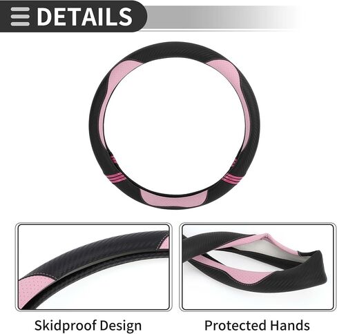 Motoforti Universal Car Steering Wheel Cover Steering Wheel Protective Sleeve, for 36.5-37.9cm, Sweatproof, Faux Leather Rubber, Black Pink in Saudi Arabia