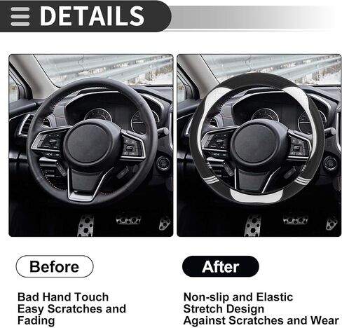 Motoforti Universal غطاء عجلة قيادة السيارة غطاء حماية لعجلة القيادة، من أجل 36.5-37.9 سم، مقاوم للعرق، مطاط جلد صناعي، أسود أبيض in Saudi Arabia