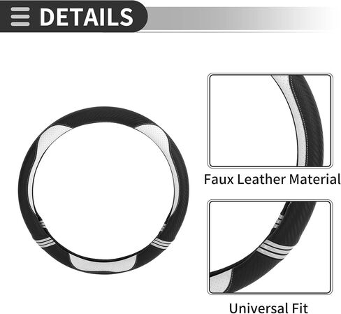 Motoforti Universal غطاء عجلة قيادة السيارة غطاء حماية لعجلة القيادة، من أجل 36.5-37.9 سم، مقاوم للعرق، مطاط جلد صناعي، أسود أبيض in Saudi Arabia