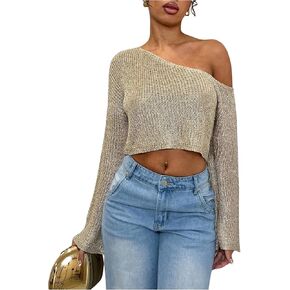 MakeMeChic Women's Off The Shoulder Sweater Sequin Sparkly Long Sleeve Party Crop Pullover Tops in Kuwait