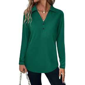 Women's Collared V Neck Tops Long Sleeve Shirts Button Basic Casual Tunic Blouses in Kuwait