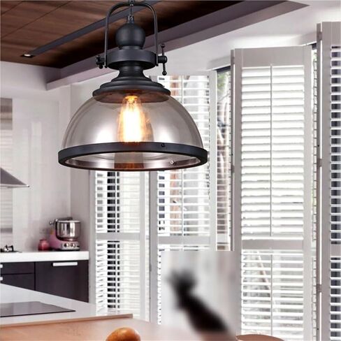 LNPTAL Industrial Farmhouse Pendant Light, Matte Black Metal Glass Dome Ceiling Light Fixture, Vintage Kitchen Island Hanging Lighting for Dining Room Bedroom in Saudi Arabia