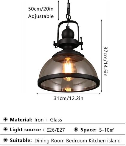 LNPTAL Industrial Farmhouse Pendant Light, Matte Black Metal Glass Dome Ceiling Light Fixture, Vintage Kitchen Island Hanging Lighting for Dining Room Bedroom in Saudi Arabia