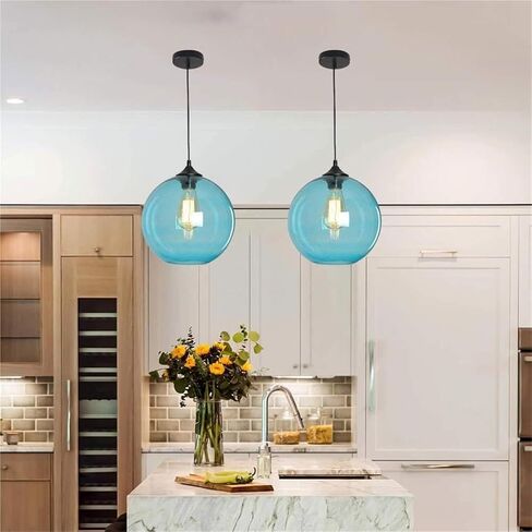 LNPTAL Modern Blue Glass Globe Pendant Light, Adjustable Cord Minimalist Hanging Lamp for Kitchen Island, Dining Room, Bar(Brown) in Saudi Arabia
