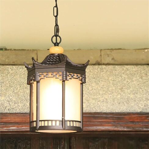 LNPTAL Asian Style Outdoor Pendant Light, Waterproof IP54 Exterior Hanging Lantern, Vintage Brown Pagoda Ceiling Light for Patio Gazebo Entryway in Saudi Arabia