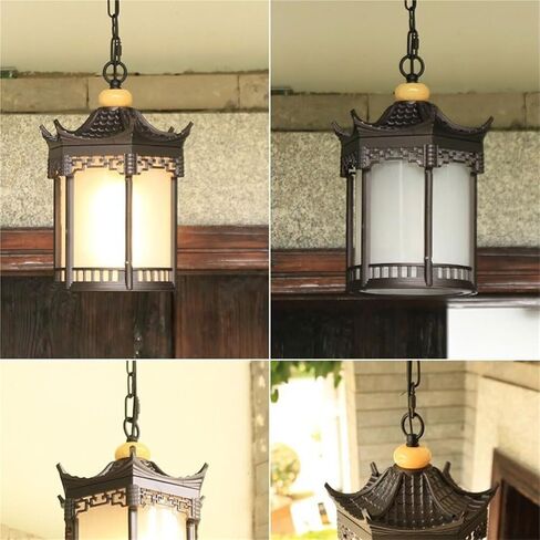 LNPTAL Asian Style Outdoor Pendant Light, Waterproof IP54 Exterior Hanging Lantern, Vintage Brown Pagoda Ceiling Light for Patio Gazebo Entryway in Saudi Arabia
