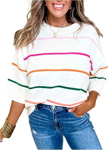 GORGLITTER Women's 3/4 Sleeve Striped Sweaters Crew Neck Knit Pullover Fall Sweater Tops 2025 in Saudi Arabia