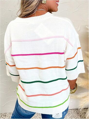 GORGLITTER Women's 3/4 Sleeve Striped Sweaters Crew Neck Knit Pullover Fall Sweater Tops 2025 in Saudi Arabia