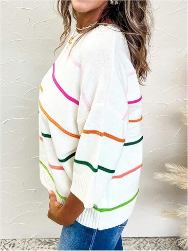 GORGLITTER Women's 3/4 Sleeve Striped Sweaters Crew Neck Knit Pullover Fall Sweater Tops 2025 in Saudi Arabia