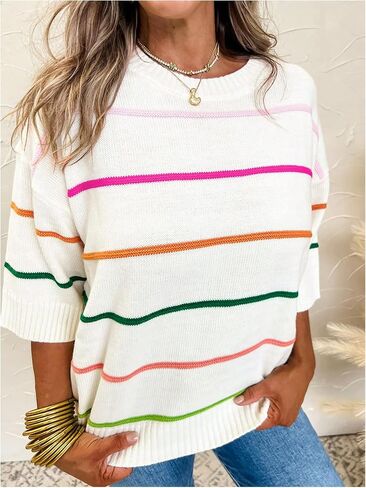 GORGLITTER Women's 3/4 Sleeve Striped Sweaters Crew Neck Knit Pullover Fall Sweater Tops 2025 in Saudi Arabia