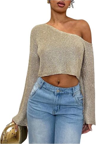 MakeMeChic Women's Off The Shoulder Sweater Sequin Sparkly Long Sleeve Party Crop Pullover Tops in Saudi Arabia