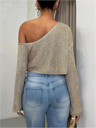 MakeMeChic Women's Off The Shoulder Sweater Sequin Sparkly Long Sleeve Party Crop Pullover Tops in Saudi Arabia