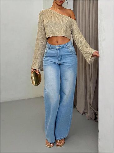 MakeMeChic Women's Off The Shoulder Sweater Sequin Sparkly Long Sleeve Party Crop Pullover Tops in Saudi Arabia