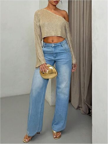 MakeMeChic Women's Off The Shoulder Sweater Sequin Sparkly Long Sleeve Party Crop Pullover Tops in Saudi Arabia