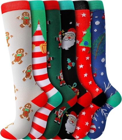 6 Pairs Christmas Compression Socks Christmas tree Santa Claus snowflake Knee High Socks for Xmas Party Gifts in Kuwait