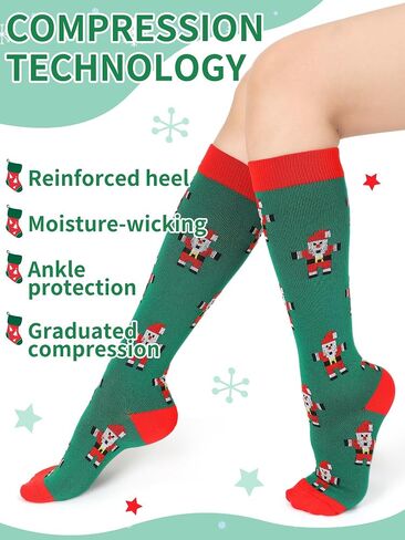 6 Pairs Christmas Compression Socks Christmas tree Santa Claus snowflake Knee High Socks for Xmas Party Gifts in Kuwait
