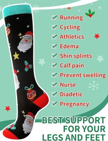 6 Pairs Christmas Compression Socks Christmas tree Santa Claus snowflake Knee High Socks for Xmas Party Gifts in Kuwait