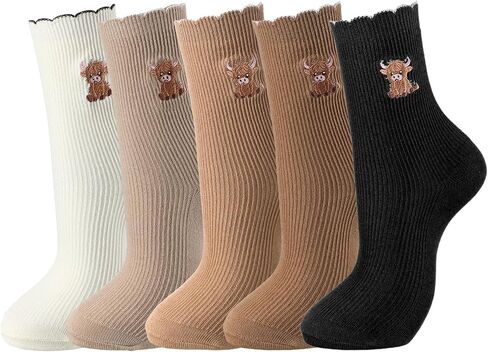 Newcotte 5 Pairs Women's Highland Cow Socks Embroidery Ruffle Turn Cuff Casual Crew Socks Highland Cow Lover Birthday Christmas Gifts for Women, Vintage Color in Saudi Arabia