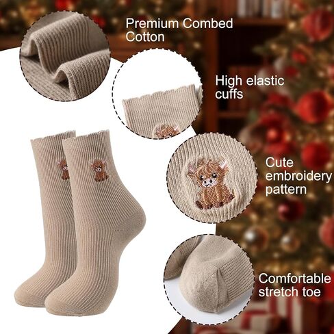 Newcotte 5 Pairs Women's Highland Cow Socks Embroidery Ruffle Turn Cuff Casual Crew Socks Highland Cow Lover Birthday Christmas Gifts for Women, Vintage Color in Saudi Arabia