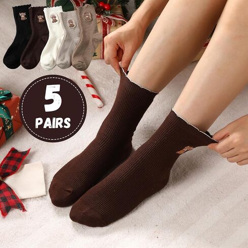 Newcotte 5 Pairs Women's Highland Cow Socks Embroidery Ruffle Turn Cuff Casual Crew Socks Highland Cow Lover Birthday Christmas Gifts for Women, Vintage Color in Saudi Arabia