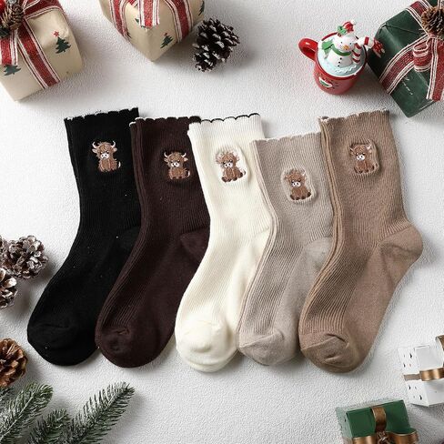 Newcotte 5 Pairs Women's Highland Cow Socks Embroidery Ruffle Turn Cuff Casual Crew Socks Highland Cow Lover Birthday Christmas Gifts for Women, Vintage Color in Saudi Arabia