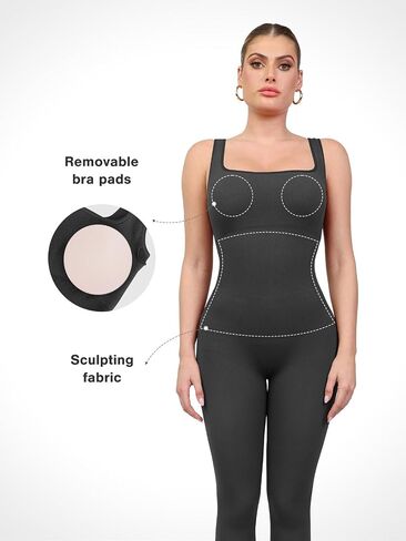 Popilush Grey Jumpsuits for Women Built-In Bra Square Neck Ribbed Bodycon Workout Seamless Leggings Rompers Bodysuits in Saudi Arabia