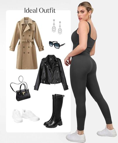 Popilush Grey Jumpsuits for Women Built-In Bra Square Neck Ribbed Bodycon Workout Seamless Leggings Rompers Bodysuits in Saudi Arabia