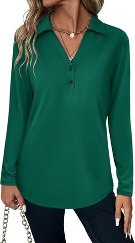 Women's Collared V Neck Tops Long Sleeve Shirts Button Basic Casual Tunic Blouses in Saudi Arabia