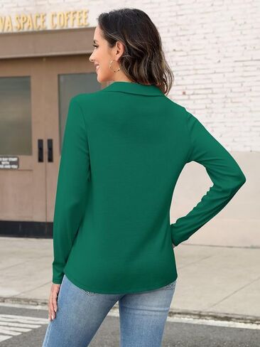 Women's Collared V Neck Tops Long Sleeve Shirts Button Basic Casual Tunic Blouses in Saudi Arabia
