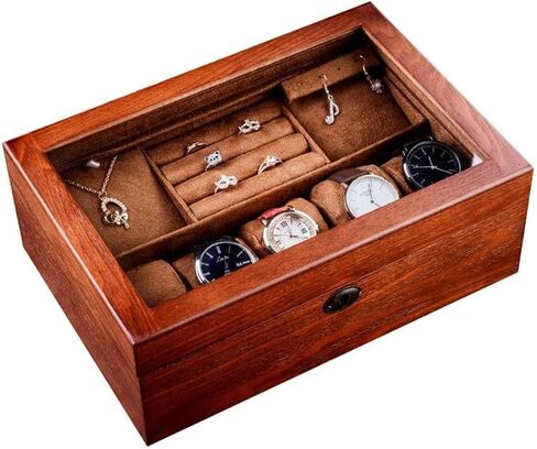 Watch Box Wooden Watch Jewelry Box With Lock Glass Wooden Box Double Storage Box Transparent Window For Men And Women in Saudi Arabia