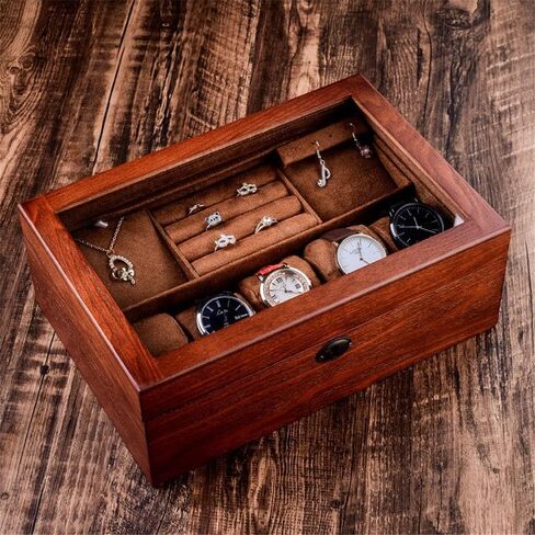 Watch Box Wooden Watch Jewelry Box With Lock Glass Wooden Box Double Storage Box Transparent Window For Men And Women in Saudi Arabia
