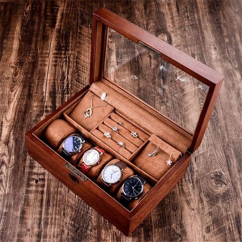 Watch Box Wooden Watch Jewelry Box With Lock Glass Wooden Box Double Storage Box Transparent Window For Men And Women in Saudi Arabia